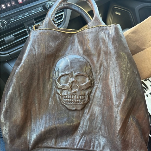Brown Italian Leather Tote with Skull Design - Picture 2 of 6